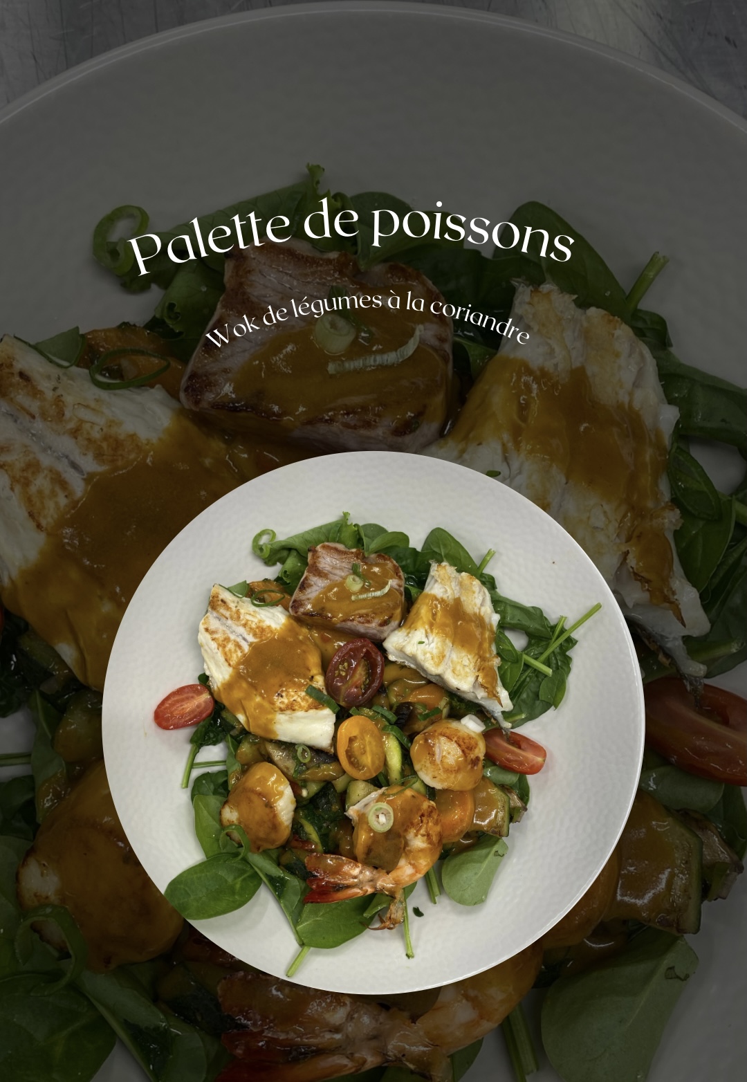 Palette de poissons, wok de légumes à la coriandre